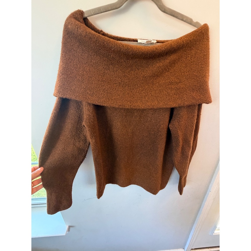 BeachLunchLounge Sweater Women Small Brown Off Shoulder Stretch Minimalist Indie